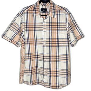 Dvision Button Down Plaid Shirt Short Sleeve Pocket Mens L Blue Peach White